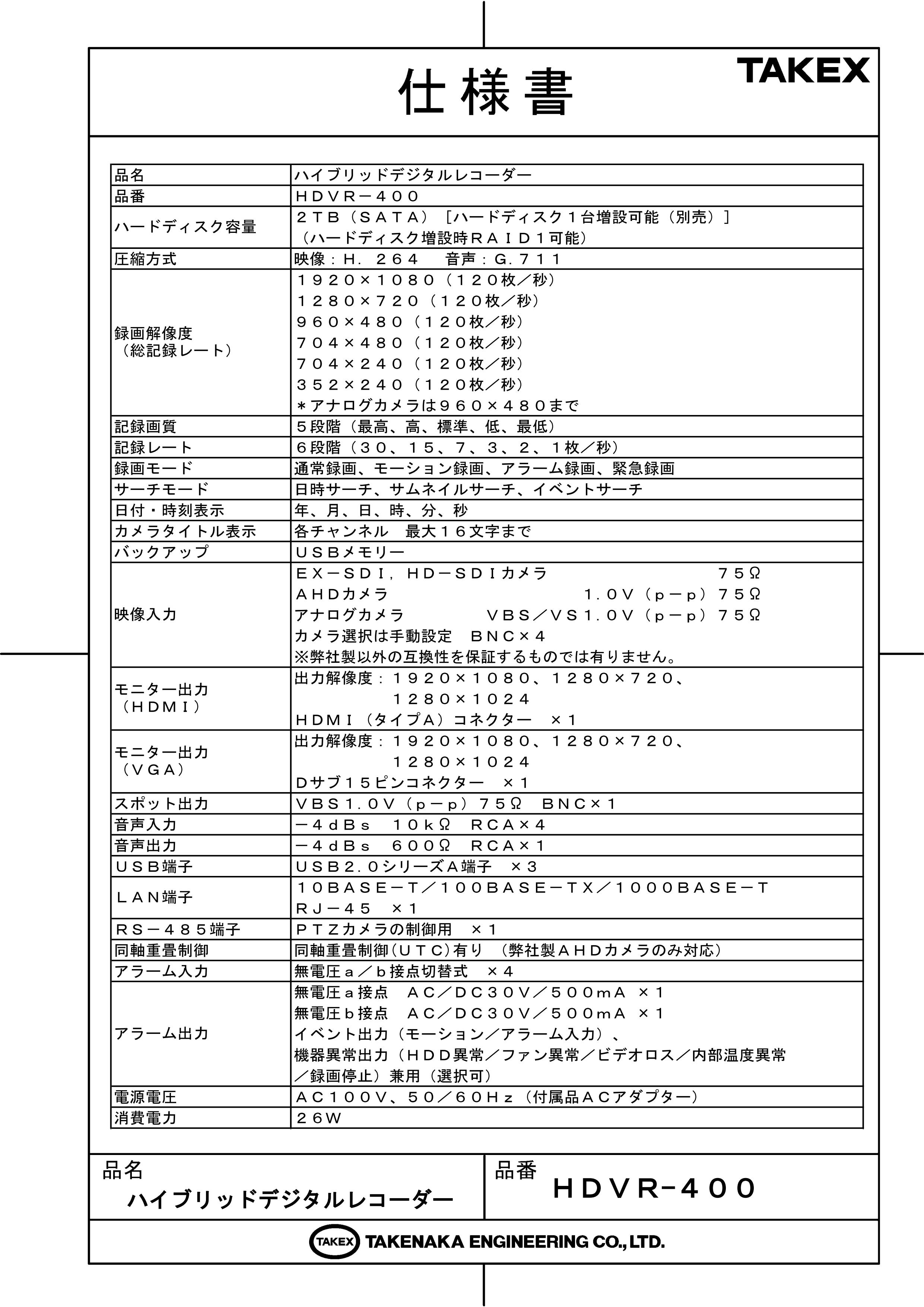 【HDVR-400】 4ch ハイブリッドデジタルレコーダー EX-SDI/HD-SDI/AHD/アナログ TA...