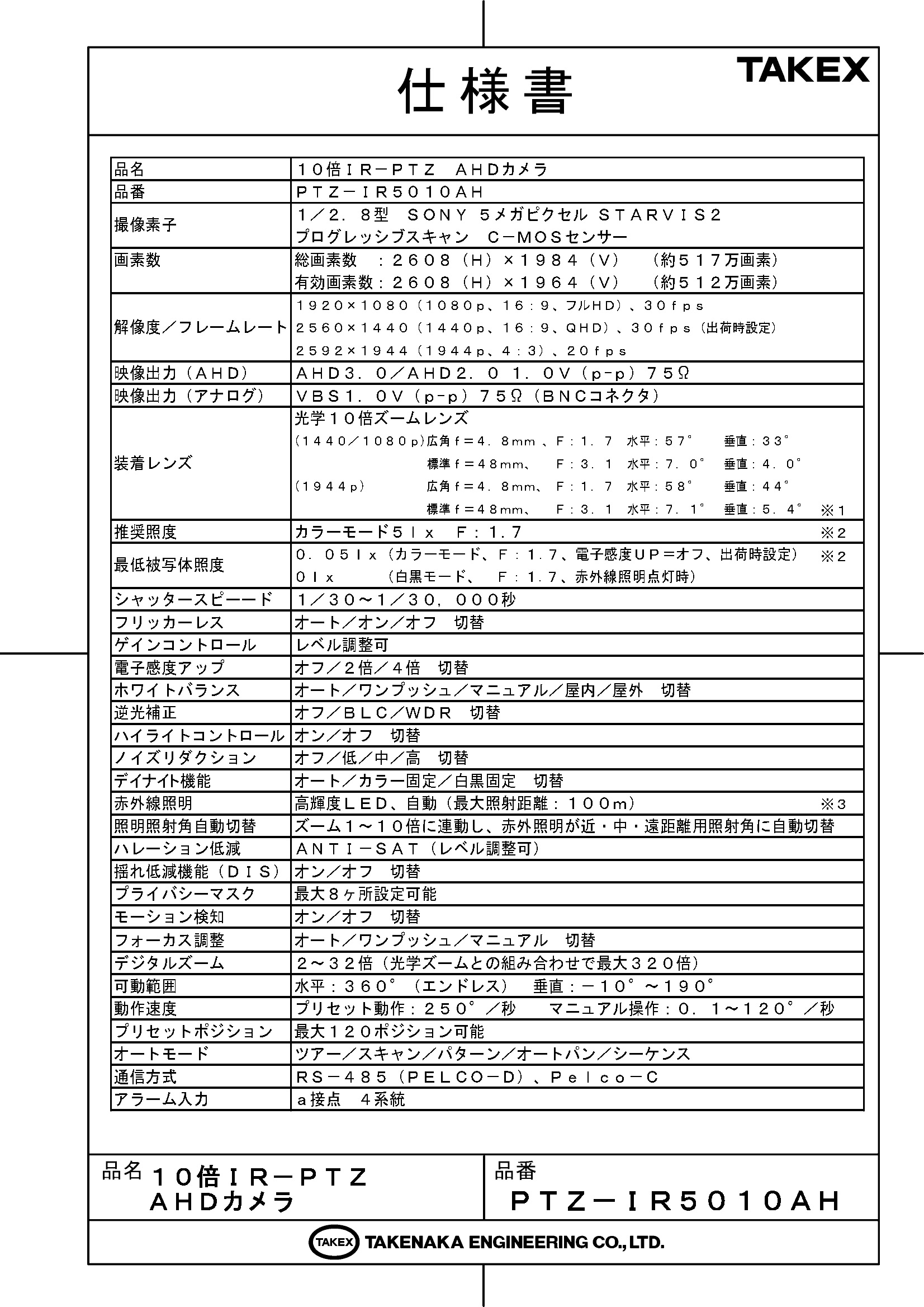 防犯設備のセキュリティストアの【PTZ-IR5010AH】10倍IR-PTZ AHDカメラ TAKEX 竹中エンジニアリング｜アングル2