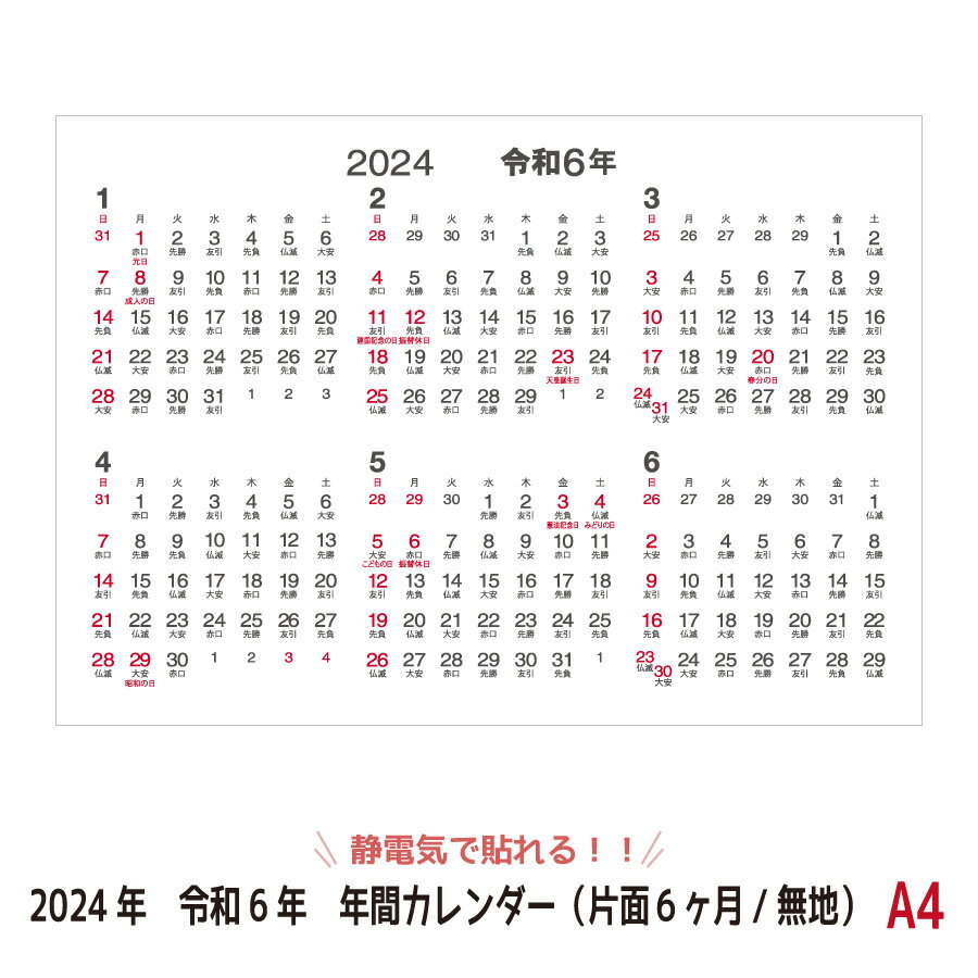 【2024年/令和6年版カレンダー】静電気で貼れるSeeCatch年間カレンダー（片面6ヶ月/無地）A4（210×297m..
