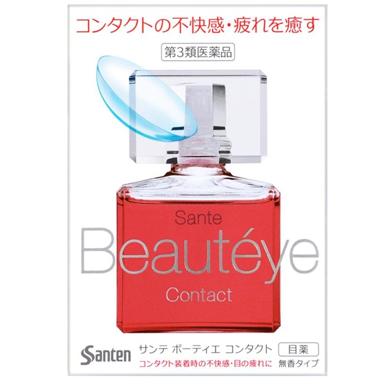 【商品情報】 【広告文責】 株式会社シードメディカル TEL：06-6786-8937 【メーカー名、又は販売業者名】 (輸入品の場合はメーカー名、輸入者名ともに記載) 参天製薬株式会社 【日本製か海外製】 (アメリカ製等)か 日本製 【商品区分】 医薬品 【商品説明文】 サンテ ボーティエ コンタクトは、いつまでもみずみずしく輝く瞳を求める方のた めの目薬です。 目が重い・コンタクトがゴロゴロする・・・コンタクトをしている瞳は疲れがちです。 サンテ ボーティエ コンタクトは疲れを癒し、健やかな瞳に近づけるために、瞳の ターンオーバー(代謝)を促進するビタミンB6や、目の中の筋肉の疲れを癒す赤い ビタミンB12、こりかたまった目の筋肉をほぐすネオスチグミンメチル硫酸塩を最 大濃度配合※しています。 ※一般用眼科用薬製造販売承認基準の最大濃度配合 ○カラーコンタクトレンズをのぞくすべてのコンタクトレンズ装着中に使えます。 ソフト O2 ハード 使い捨て(ディスポーザブル) コンタクトレンズを装着していない方もご使用いただけます。 ※ソフトコンタクトレンズを装着したままでは使用できない目薬もありますので、 外箱や添付文書をよく確認しましょう。 【使用上の注意】 ■■してはいけないこと■■ ■■相談すること■■ 1.次の人は使用前に医師、薬剤師または登録販売者にご相談ください。 (1)医師の治療を受けている人 (2)薬などによりアレルギー症状を起こしたことがある人 (3)次の症状のある人 はげしい目の痛み (4)次の診断を受けた人 緑内障 2.使用後、次の症状があらわれた場合は副作用の可能性があるので、直ちに使用を 中止し、この文書を持って医師、薬剤師または登録販売者にご相談ください。 〔関係部位〕 〔症 状〕 皮ふ : 発疹・発赤、かゆみ 目 : 充血、かゆみ、はれ、しみて痛い 3.次の場合は使用を中止し、この文書を持って医師、薬剤師または登録販売者にご 相談ください。 (1)目のかすみが改善されない場合 (2)2週間くらい使用しても症状がよくならない場合 有効 【成分・分量】 〔成 分〕 ビタミンB6(ピリドキシン塩酸塩) 〔分 量〕 0.1% 〔はたらき〕 目のターンオーバー(組織代謝)を活発にします。 〔成 分〕 ビタミンB12(シアノコバラミン) 〔分 量〕 0.02% 〔はたらき〕 毛様体筋のはたらきを活発にし、目の疲れを改善します。 〔成 分〕 ネオスチグミンメチル硫酸塩 〔分 量〕 0.005% 〔はたらき〕 ピント調節機能改善作用により、目の疲れなどを改善します。 【添加物】 として、エデト酸ナトリウム水和物、ホウ酸、ポビドン、等張化剤、 pH調節剤を含有します。 【効能・効果】 ソフトコンタクトレンズまたはハードコンタクトレンズを装着しているときの不快感、 目の疲れ、眼病予防(水泳のあと、ほこりや汗が目に入ったときなど)、 目のかすみ(目やにの多いときなど) 【用法・用量】 1回1〜3滴、1日5〜6回点眼してください。 ●次の注意事項をお守りください。 (1)小児に使用させる場合には、保護者の指導監督のもとに使用させてください。 (2)容器の先を、目やまぶた、まつ毛に触れさせないでください(目やにや雑菌な どの混入のため、薬液が汚染または混濁することがあります)。また、混濁し たものは使用しないでください。 (3)点眼用にのみ使用してください。 (4)カラーコンタクトレンズの装着時は使用しないでください。 【保管及び取り扱い上の注意】 (1)直射日光の当たらない涼しい所に密栓して保管してください。製品の品質を保 持するため、自動車の中や暖房器具の近くなど高温となる場所に放置しないで ください。また、高温となる場所に放置したものは、容器が変形して薬液が漏 れたり薬液の品質が劣化しているおそれがありますので、使用しないでください。 (2)小児の手の届かない所に保管してください。 (3)他の容器に入れ替えないでください。 (誤用の原因になったり品質が変わることがあります。) (4)他の人と共用しないでください。 (5) 【使用期限】 をすぎた製品は使用しないでください。また、 【使用期限】 内であっても、 開栓後は約3ヶ月を目安に使用してください。 (6)保存の状態によっては、成分の結晶が容器の点眼口周囲やキャップの内側に赤 くつくことがあります。その場合には清潔なガーゼで軽くふき取って使用して ください。 (7)本剤の赤い色はビタミンB12(シアノコバラミン)の色です。点眼中に薬液 がこぼれてシャツなどが着色した場合は、すぐに水洗いしてください。 製造 【販売元】 参天製薬株式会社 大阪市北区大深町4-20 【リスク区分】 第3類医薬品 【使用期限】 【使用期限】 までに6ヶ月以上ある商品を発送いたします。 【お問い合わせ先】 商品の内容についてのお問い合わせは、お買い求めのお店、または下記にお願い申し 上げます。 参天製薬株式会社「お客様相談室」 大阪市北区大深町4-20 電話番号 0120-127-023 受付時間 9:00〜17:00(土・日・祝日を除く) お問い合わせ内容の正確性を期すため、また回答の質の維持・向上のため、お電話を 録音させていただいております。 【ご注意】 メーカーによるパッケージや外観リニューアルにより、商品ページ画像と見た目が異なる商品をお届けすることがございます。あらかじめご了承をお願い致します。