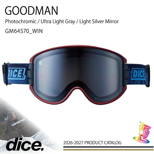 メーカー希望小売価格はメーカーカタログに基づいて掲載しています DICE / ダイス モデル名【GOODMAN】 進化し続けてきた『DICE』！！ DICEといえばそう換気システム「A-BLOW SYSTEM」 ワンタッチでゴーグルを換気する「A-BLOW SYSTEM」 という革新的なテクノロジーを備えています。換気すること でレンズのくもりを極限まで抑えることができ、快適な 視界を長時間提供します。 例えばリフト待ちでゴーグルの換気をすることが 習慣になり、短時間のハイクアップなら お持ちのサングラスの出番はなくなるでしょう。 レンズ：Photochromic / Ultra Light Gray / Light Silver Mirror ［ライトグレイ / ライトシルバーミラー（ULTRA調光）］ 『 晴天～ナイター 可視光線透過率 カテゴリー: S1-S3 』 フォトクロミック・テクノロジー（調光）を搭載したレンズ。 　 配送について こちらの商品は送料無料です。 その他 在庫がなくなり次第、販売を中止させて頂く場合がございます。 画像の関係で実際のカラーと多少異なる場合がございます。 26/27/DICE/ダイス/DICE/ダイス/GOGGLE/ゴーグル/スノーボード/スノボー
