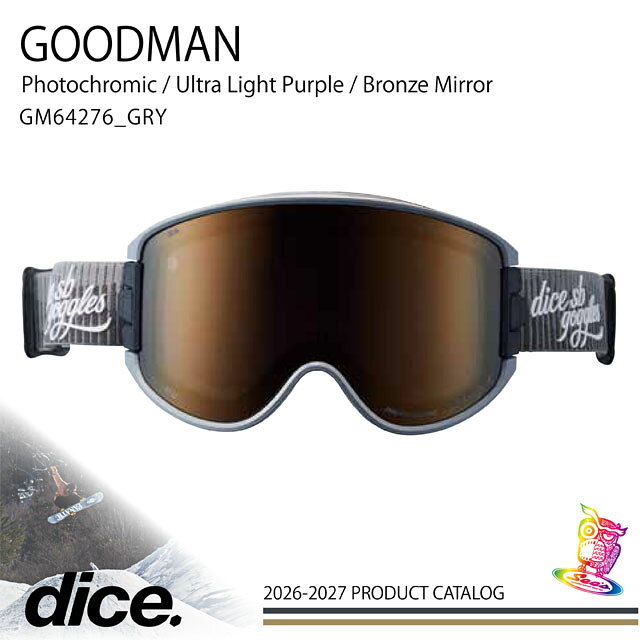 メーカー希望小売価格はメーカーカタログに基づいて掲載しています DICE / ダイス モデル名【GOODMAN】 進化し続けてきた『DICE』！！ DICEといえばそう換気システム「A-BLOW SYSTEM」 ワンタッチでゴーグルを換気する「A-BLOW SYSTEM」 という革新的なテクノロジーを備えています。換気すること でレンズのくもりを極限まで抑えることができ、快適な 視界を長時間提供します。 例えばリフト待ちでゴーグルの換気をすることが 習慣になり、短時間のハイクアップなら お持ちのサングラスの出番はなくなるでしょう。 レンズ：Photochromic / Ultra Light Purple / Bronze Mirror ［ライトパープル / ブロンズミラー（ULTRA調光）］ 『 晴天～曇天可視光線透過率 カテゴリー: S3-S3 』 フォトクロミック・テクノロジー（調光）を搭載したレンズ。 　 配送について こちらの商品は送料無料です。 その他 在庫がなくなり次第、販売を中止させて頂く場合がございます。 画像の関係で実際のカラーと多少異なる場合がございます。 26/27/DICE/ダイス/DICE/ダイス/GOGGLE/ゴーグル/スノーボード/スノボー