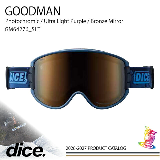 メーカー希望小売価格はメーカーカタログに基づいて掲載しています DICE / ダイス モデル名【GOODMAN】 進化し続けてきた『DICE』！！ DICEといえばそう換気システム「A-BLOW SYSTEM」 ワンタッチでゴーグルを換気する「A-BLOW SYSTEM」 という革新的なテクノロジーを備えています。換気すること でレンズのくもりを極限まで抑えることができ、快適な 視界を長時間提供します。 例えばリフト待ちでゴーグルの換気をすることが 習慣になり、短時間のハイクアップなら お持ちのサングラスの出番はなくなるでしょう。 レンズ：Photochromic / Ultra Light Purple / Bronze Mirror ［ライトパープル / ブロンズミラー（ULTRA調光）］ 『 晴天～曇天可視光線透過率 カテゴリー: S3-S3 』 フォトクロミック・テクノロジー（調光）を搭載したレンズ。 　 配送について こちらの商品は送料無料です。 その他 在庫がなくなり次第、販売を中止させて頂く場合がございます。 画像の関係で実際のカラーと多少異なる場合がございます。 26/27/DICE/ダイス/DICE/ダイス/GOGGLE/ゴーグル/スノーボード/スノボー