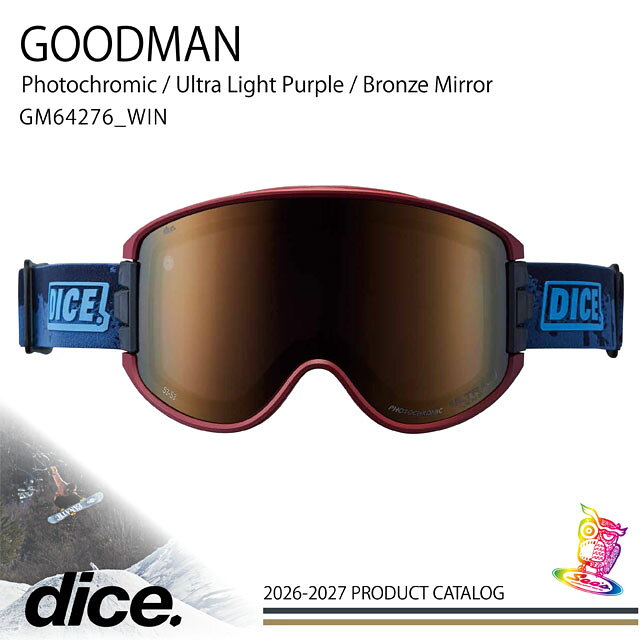 メーカー希望小売価格はメーカーカタログに基づいて掲載しています DICE / ダイス モデル名【GOODMAN】 進化し続けてきた『DICE』！！ DICEといえばそう換気システム「A-BLOW SYSTEM」 ワンタッチでゴーグルを換気する「A-BLOW SYSTEM」 という革新的なテクノロジーを備えています。換気すること でレンズのくもりを極限まで抑えることができ、快適な 視界を長時間提供します。 例えばリフト待ちでゴーグルの換気をすることが 習慣になり、短時間のハイクアップなら お持ちのサングラスの出番はなくなるでしょう。 レンズ：Photochromic / Ultra Light Purple / Bronze Mirror ［ライトパープル / ブロンズミラー（ULTRA調光）］ 『 晴天～曇天可視光線透過率 カテゴリー: S3-S3 』 フォトクロミック・テクノロジー（調光）を搭載したレンズ。 　 配送について こちらの商品は送料無料です。 その他 在庫がなくなり次第、販売を中止させて頂く場合がございます。 画像の関係で実際のカラーと多少異なる場合がございます。 26/27/DICE/ダイス/DICE/ダイス/GOGGLE/ゴーグル/スノーボード/スノボー