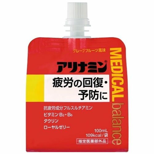 [ 商品説明 ] 疲労の回復・予防の効能を持ったアリナミンのゼリー状飲料。 吸収にすぐれたビタミンB1誘導体「フルスルチアミン」に加えビタミンB2・B6、タウリン、ローヤルゼリーを配合。爽やかなグレープフルーツ風味です。 [ 原材料 ]プロピレングリコール、DL‐リンゴ酸、水アメ、ブドウ糖、白糖、アセスルファムカリウム、精製ステビア抽出物、安息香酸Na、パラベン、カンテン、グァーガム、キサンタンガム、香料、エタノール、グリセリン脂肪酸エステル、pH調整剤 [ 栄養成分 ]1袋(100ml)あたり：エネルギー　109kcal、フルスルチアミン塩酸塩(ビタミンB1誘導体)1.5mg、リボフラビンリン酸エステルナトリウム(ビタミンB2リン酸エステル)2.54mg、ピリドキシン塩酸塩(ビタミンB6)10mg、ニコチン酸アミド25mg、L-アスパラギン酸ナトリウム水和物125mg、タウリン(アミノエチルスルホン酸)1,000mg、無水カフェイン50mg、ローヤルゼリーエキスS(ローヤルゼリー200mgに相当)20mg　 当店では、様々なイベントでご利用頂ける商品を取扱いしております イベント 誕生日 バースデー 母の日 父の日 敬老の日 こどもの日 結婚式 新年会 忘年会 二次会 文化祭 夏祭り 婦人会 こども会 クリスマス バレンタインデー ホワイトデー お花見 ひな祭り 運動会 スポーツ マラソン パーティー バーベキュー キャンプ お正月 防災 御礼 結婚祝 内祝 御祝 快気祝 御見舞 出産御祝 新築御祝 開店御祝 新築御祝 御歳暮 御中元 進物 引き出物 贈答品 贈物 粗品 記念品 景品 御供え ギフト プレゼント 土産 みやげ