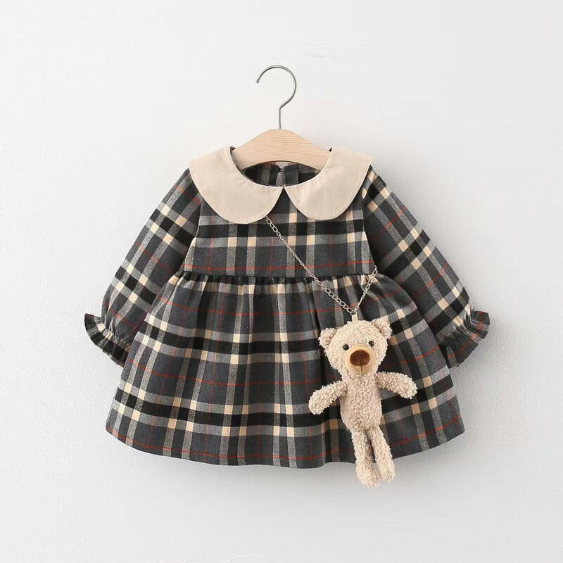 【2点セット】子供服 ワンピース チェック柄 ぬいぐるみ付き スーツ 熊 クマ 卒業...