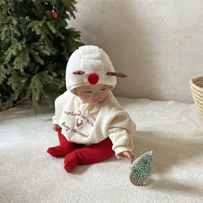 赤ちゃん ベビー服 サンタ 衣装 ベビー ロンパース 裏起毛 トナカイ トレーナーロンパース 長袖 スウェット トップス 着ぐるみ クリスマス 帽子付き 女の子 男の子 カバーオール キッズ ベビー服 子供服 秋 冬 60cm 70cm 80cm 90cm 写真撮影 送料無料 2
