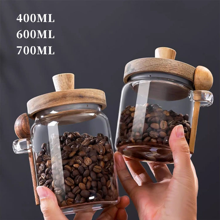 コーヒー豆保存瓶 キャニスター 保存容器 スプーン付き 400ML 600ML 700ML コーヒー豆 調味料 砂糖 お茶 密閉保存容器 ガラス 収納 台所 おしゃれ キッチン用品 キッチン収納 シンプル 北欧 キャットフード