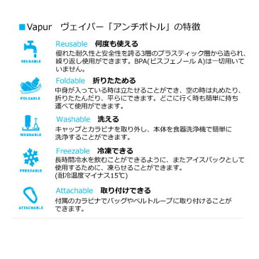 vapur （ヴェイパー）Anti-Bottle アンチボトル Kidsシリーズ 400ml 【水筒・軽い・再利用・洗って使える・ペットボトル・エコな水筒・食洗機OK・たためる・冷凍できる・キッズ・カワイイ・送料無料】 【ユニマットマリン・