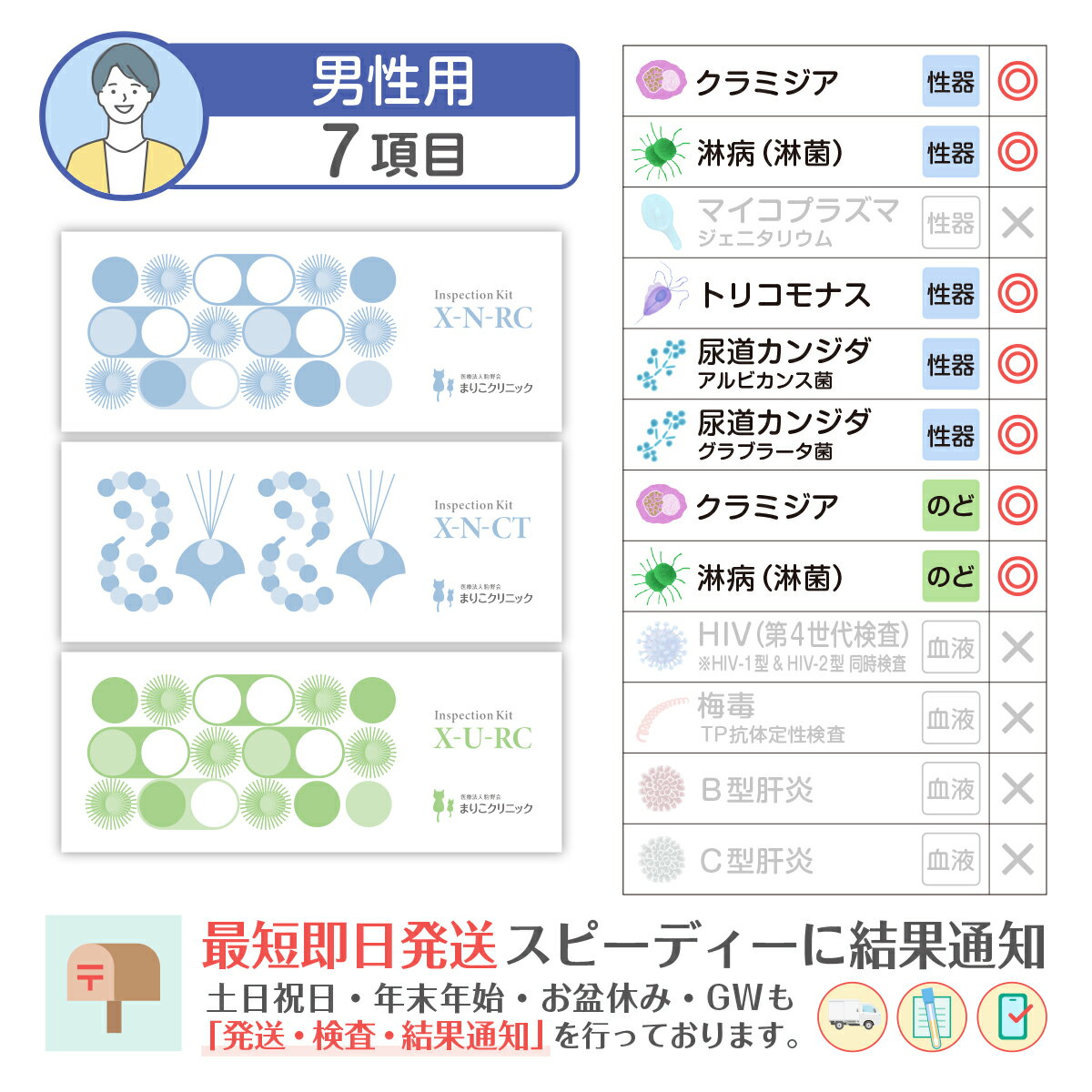 郵送検査キット：喉と性器感染の 淋菌(淋病) クラミジア、性器感染の 尿道カンジダ2種(アルビカンス菌 グラブラータ菌) 尿道トリコモナス を、うがい 尿 で検査。男性用。検査結果は最短で注文から翌々日。匿名の性病検査キット。プライバシーに配慮した無地箱で自宅ポストにお届け。シンプルな申込みで、スマホのショートメッセージへ結果通知。土日祝日 年末年始 お盆休み GW も「発送 検査 結果通知」を行っております。ご注意（免責）＞ 必ずお読み下さい検査結果は病名を確定するものではありません。陽性の結果が出た方や自覚症状のある方は、医療機関を受診してください。妊娠中の方や既に疾患で受診中の方は、医療機関にご相談ください。ご使用に際しては、取扱説明書をよくお読みください。広告文責株式会社まりこ検査キット販売075-634-9761製造国日本製メーカー名医療法人駒野会まりこクリニック〒6018365 京都府京都市南区吉祥院石原開町35番地販売業者名株式会社まりこ検査キット販売〒6018365 京都府京都市南区吉祥院石原開町35番地区分医療機器おすすめ商品