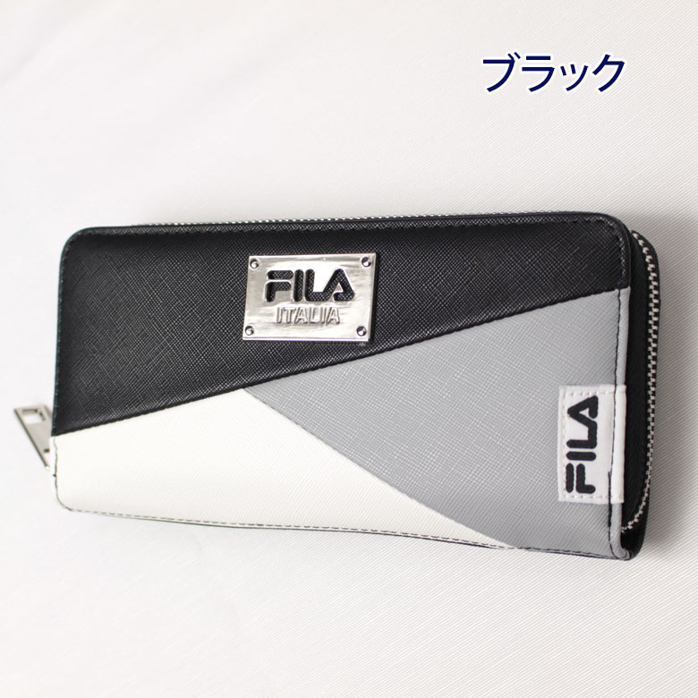 FILA フィラ 財布 長財布 ラウンドファスナー 合皮 黒 メタル切替 FIMS0401(ウォレット/大容量/小銭入れ/カード/ロングウォレット/男子/メンズ/女子/レディース/おしゃれ/ブランド/プレゼント/人気/通学/中学生/高校生/学生/入学/ブラック/サイフ)(店頭受取対応商品)