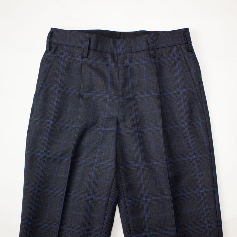 制服 スラックス スリーシーズン 日本製 メンズ 濃グレーグレンチェック ブルー ワンタック W70〜W88 WKRB443S1 KURI-ORI クリオリ(スクール/ズボン/パンツ/グレー/チェック/制服/冬服/男子/ブランド/人気/通学/セレモニー/中学生/高校生/学生/入学/卒業)(店頭受取対応商品)