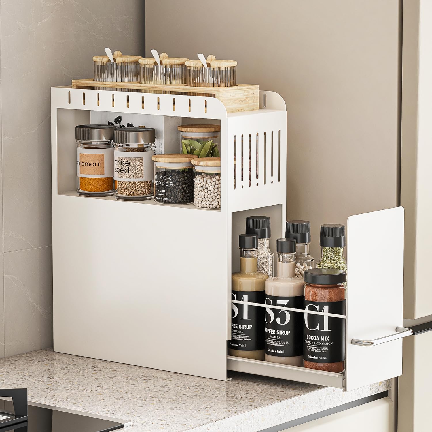 隠せる調味料ラック 2段 引き出し スリム スパイスラック 隙間収納 大容量 おしゃれ スリム キッチン ..
