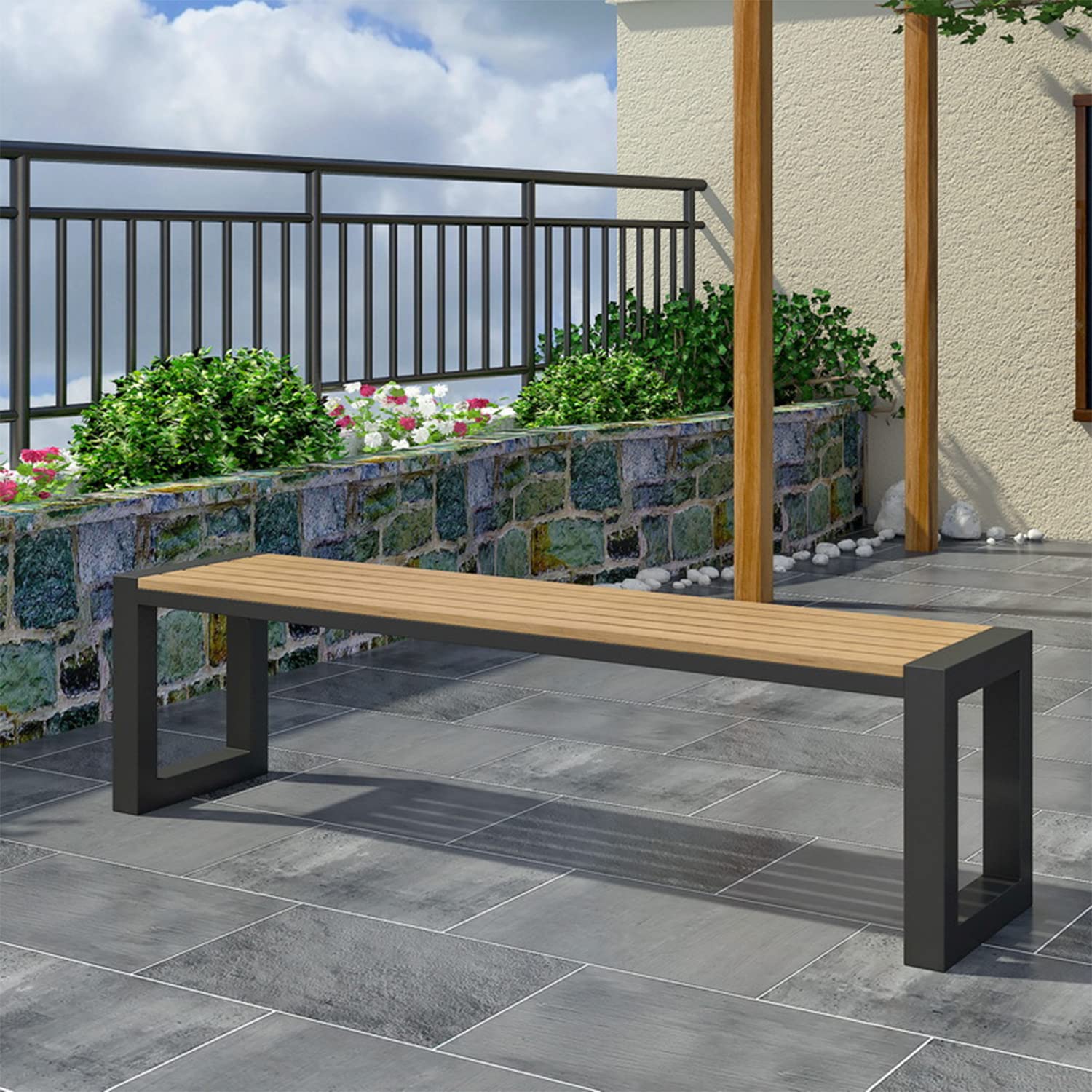 ガーデンベンチ 屋外ベンチ 120x30x40cm 庭のベンチ プラスチック製の木製のテーブルトップ 金属フレーム 防水性と耐日光性 お