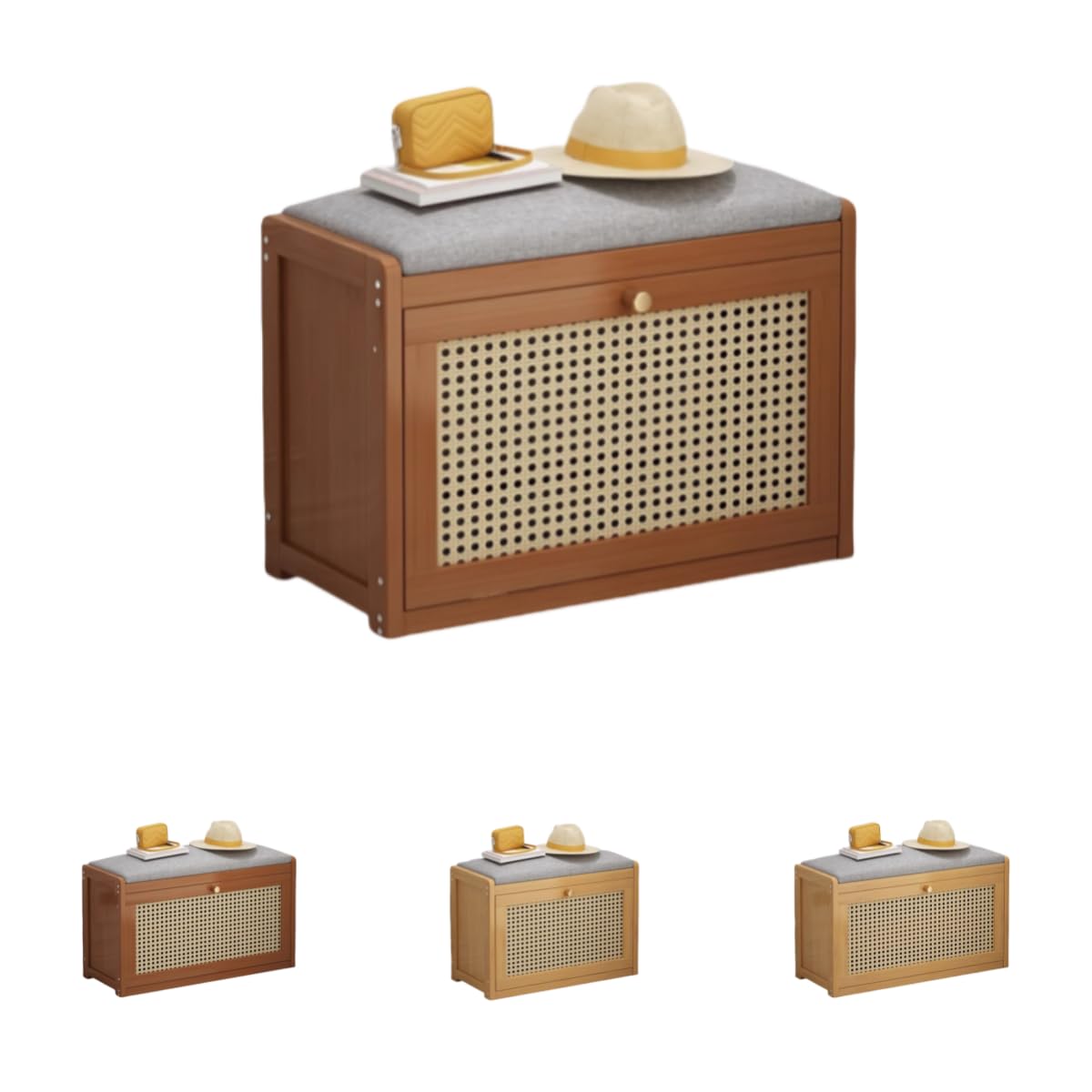 玄関ベンチ、シューズキャビネット、収納、竹、クッション付き、通気性、省スペース、廊下、ブラウン/..