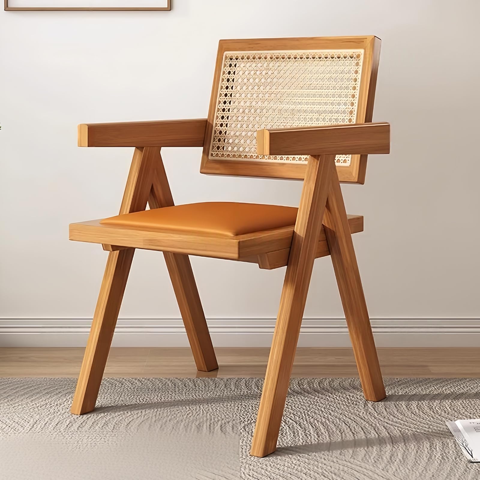 ラタンチェア 肘掛け付 無垢材シングル 食卓チェア 背もたれ付き ラタン調 イス オシャレ51*81cm 簡単組立 さわやかで通気性 新