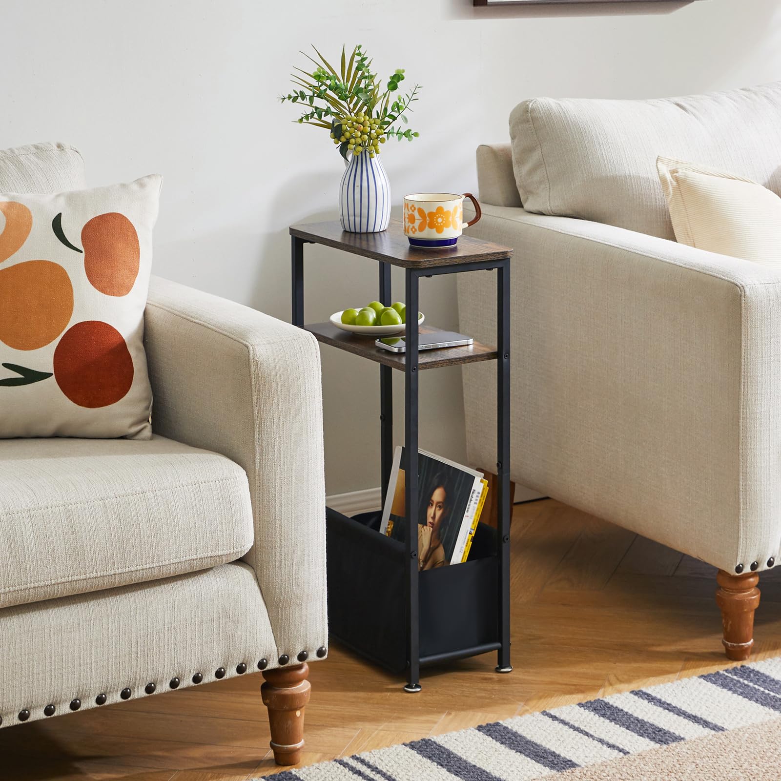 サイドテーブル スリム 布袋付き さいどテーブルソファ横 3段 ベッドサイドラック 小さめ マガジンラッ..