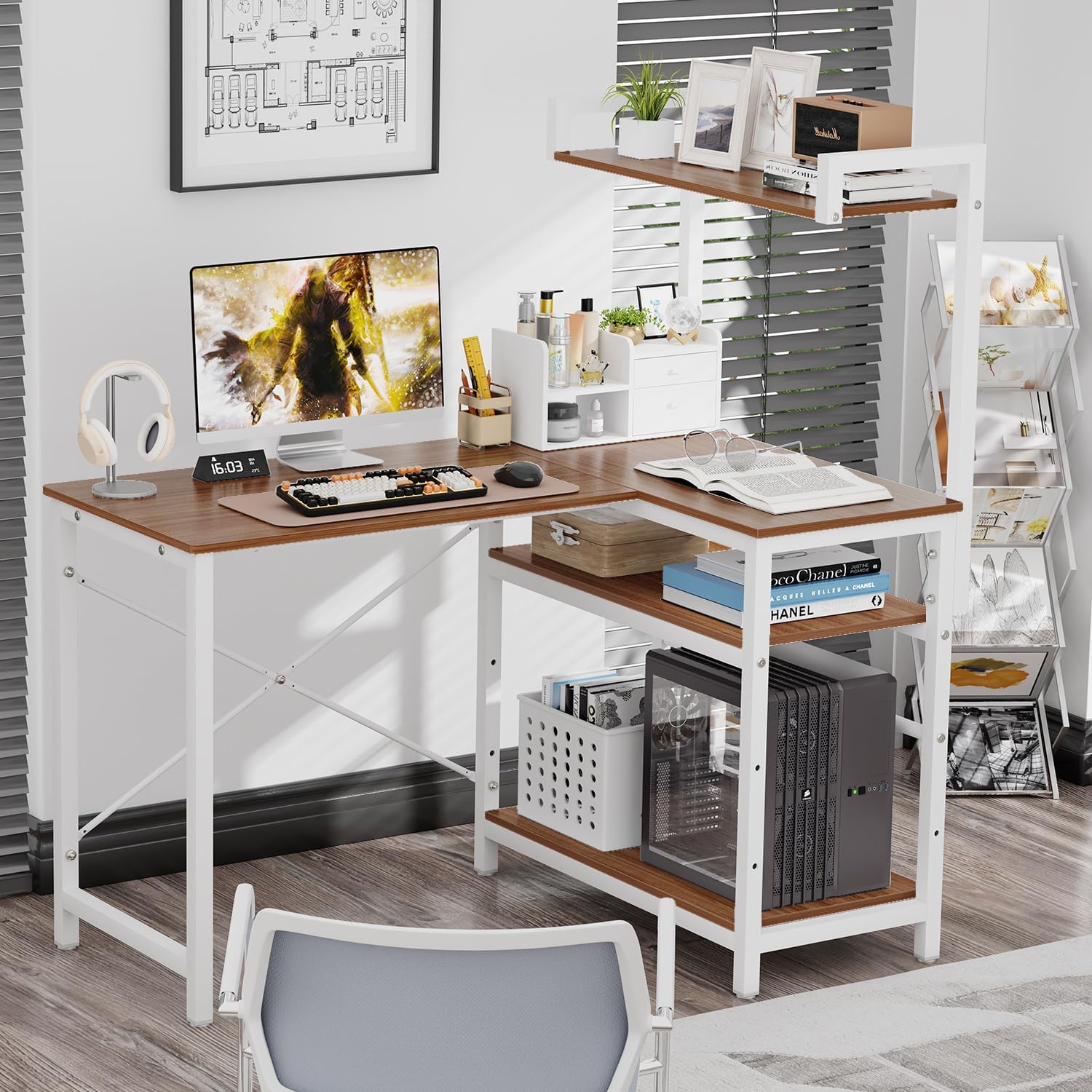 l字デスク pcデスク L字 ゲーミングデスク ラック付きデスク 机 幅120cm L字型 パソコンデスク 総耐荷..