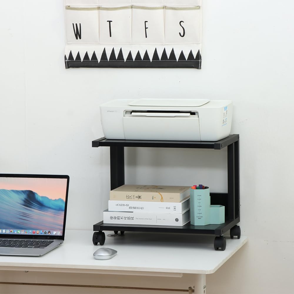 プリンター台 二段 デスクワゴン 机下/机上両対応 キャスターとアジャスター付き 高さ35cm 収納ラック ..