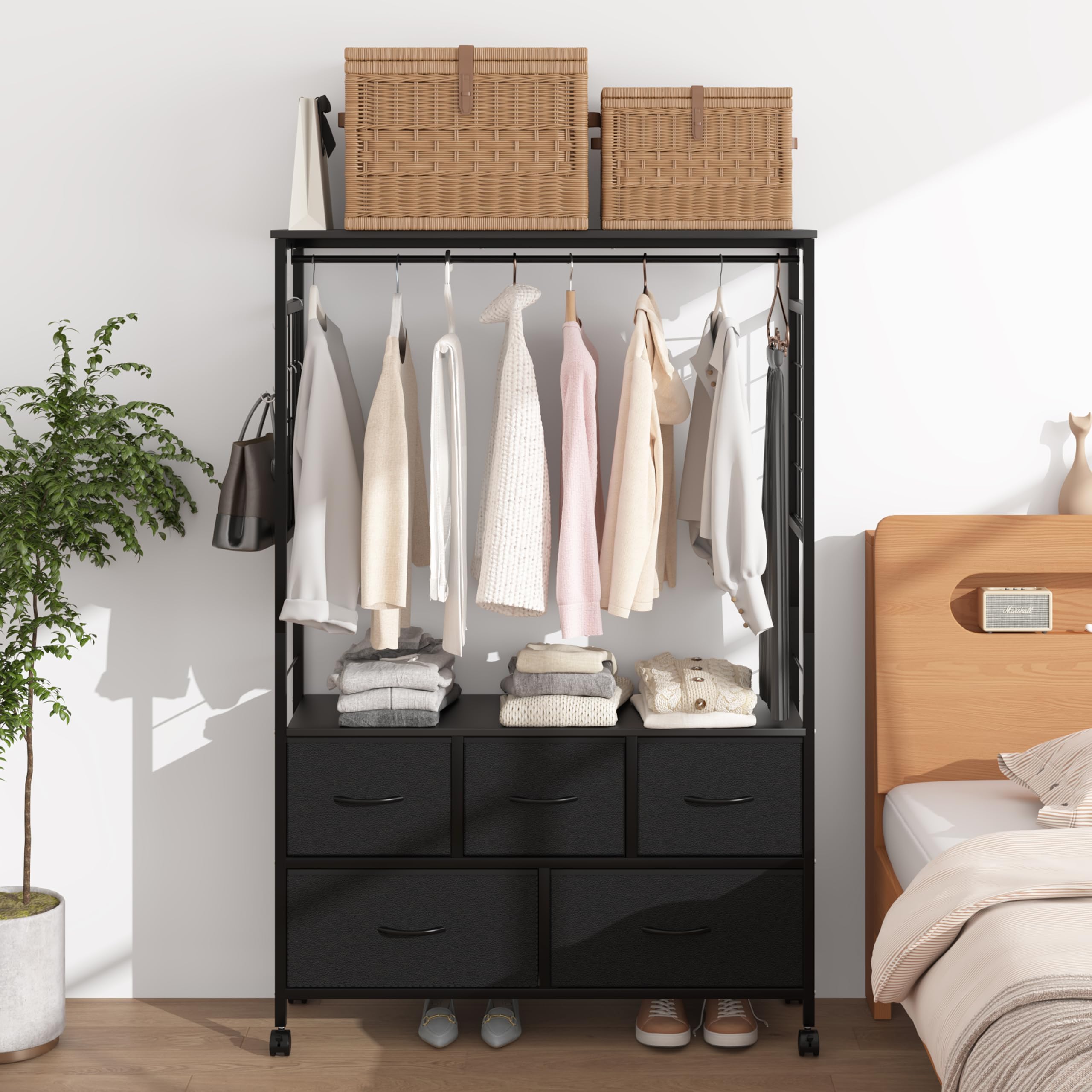 ハンガーラック 幅100奥行30高さ151.2cm パイプハンガー ワードローブ クローゼット引き出し 洋服掛け 衣類コンパクトで収納 多機能 収