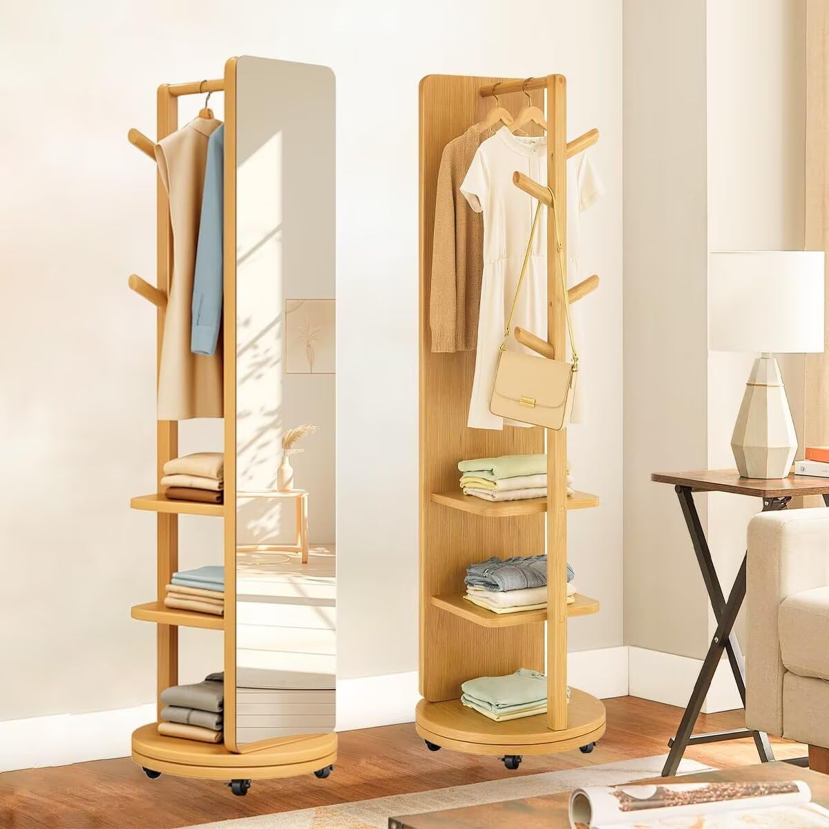 姿見鏡 スタンドミラー ハンガーラック付き 無垢材 長さ171x幅40.5cm 全身鏡 姿見 ミラー 360o回転 キ..
