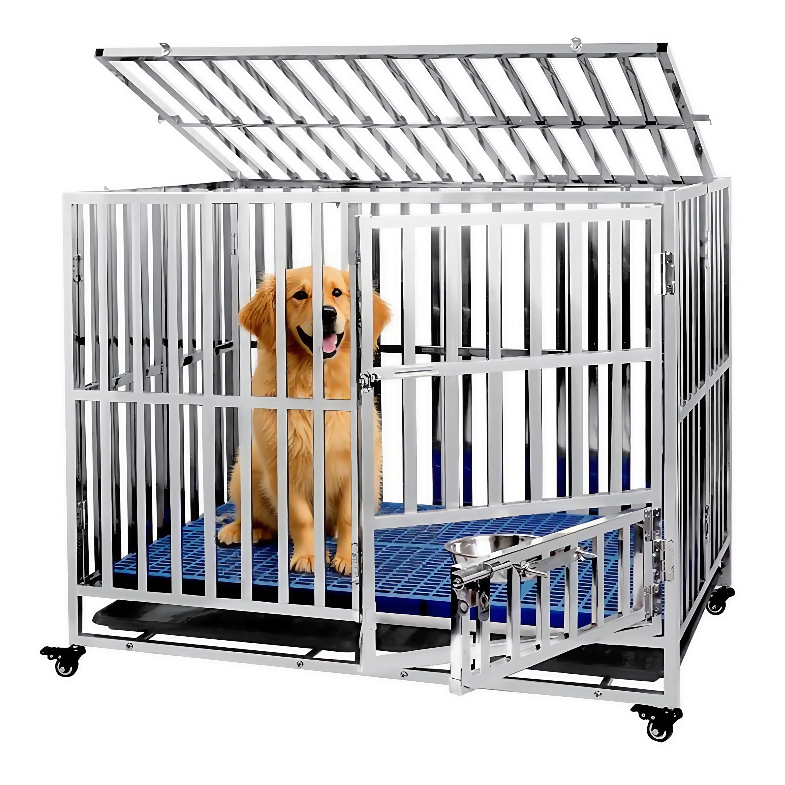 大型犬 ゲージ ステンレス鋼製犬用ケージ キャスター付き 耐荷重250KG 折りたたみ 組立簡単 ダブルドア..