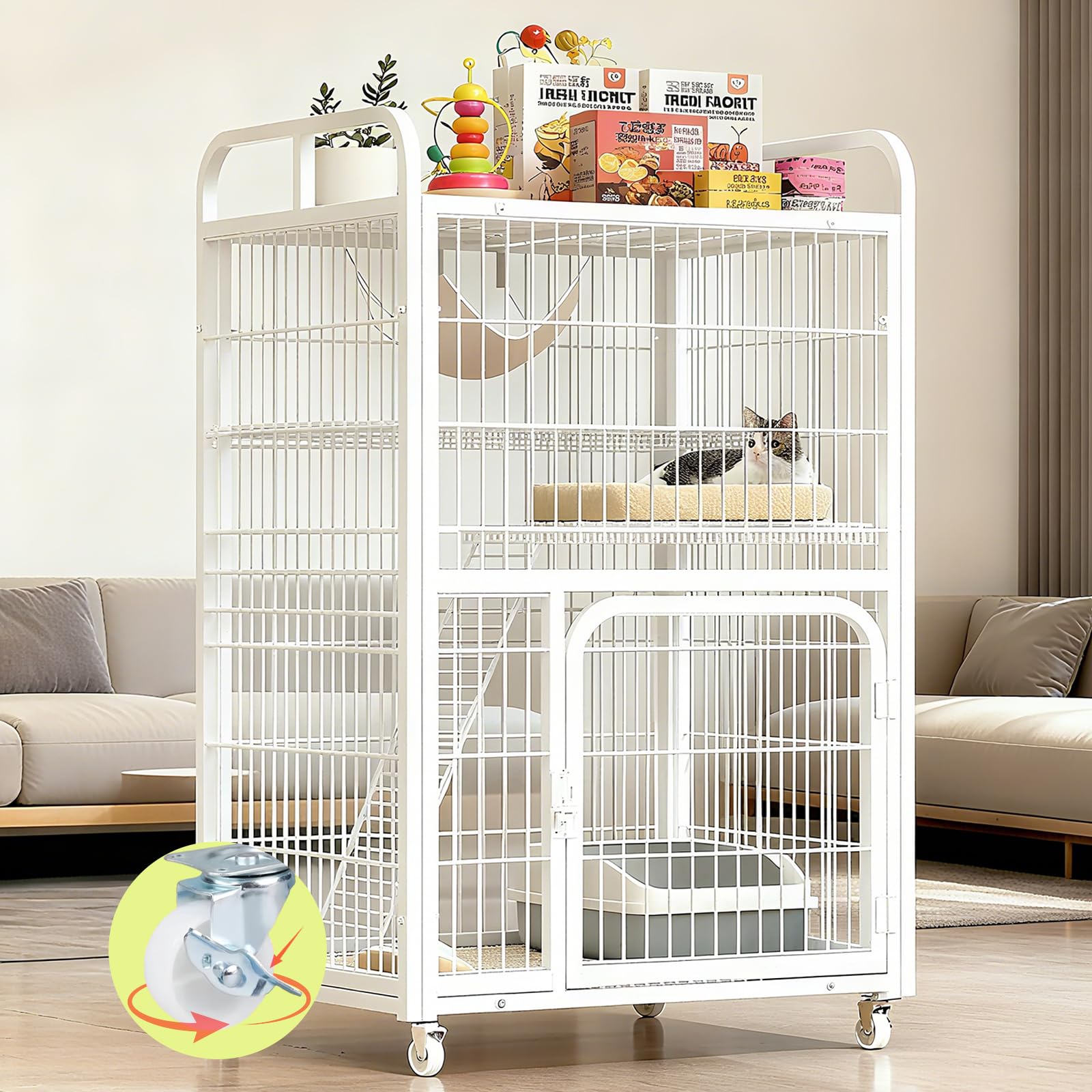 猫 ケージ 多段式 2段 キャットケージ ストッパー搭載 キャスター付き 大型 猫ハウス 組立簡単 移動便..
