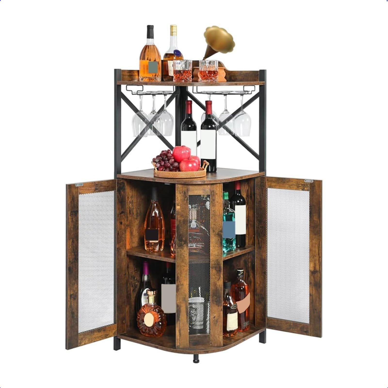 酒棚、ウイスキー棚、多機能コーナーワインキャビネット、ドア付き自立型ワインラック、コーナーボトル..