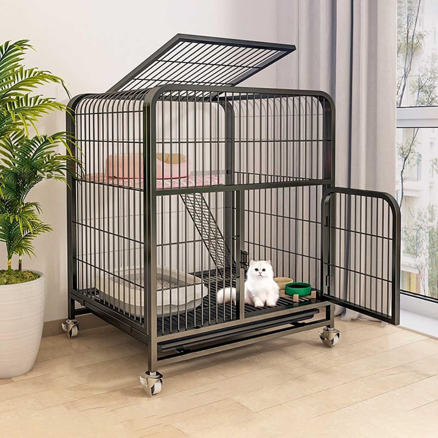 猫ケージ 猫用ケージ 猫ハウス 室内用猫のゲージ 多頭飼い猫 大型猫用 2段 （70*55* 75cm ?ブラック）..