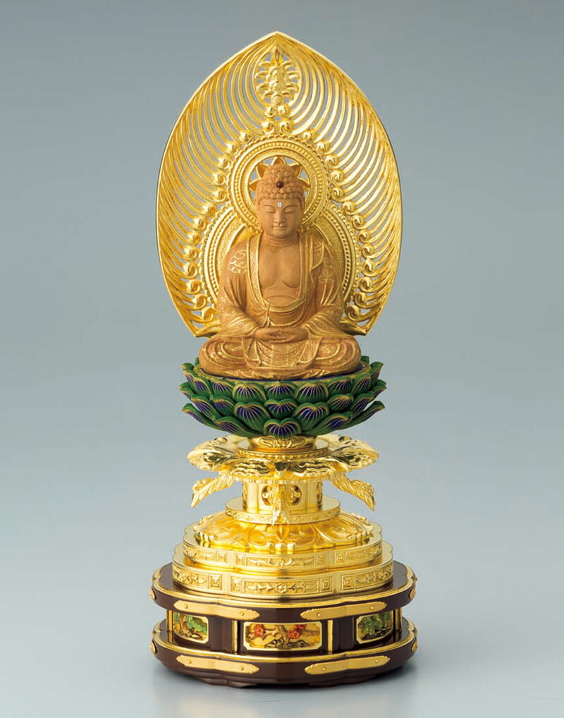 仏像 ご本尊 臨済宗妙心寺派 座釈迦（翔）白檀 上彫 純金箔押木瓜 丸台座 監修証付