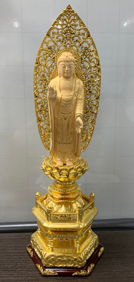 仏像 浄土宗 ご本尊 舟弥陀 金箔 六角台座 柘植 唐草光背 切金付 4.0寸