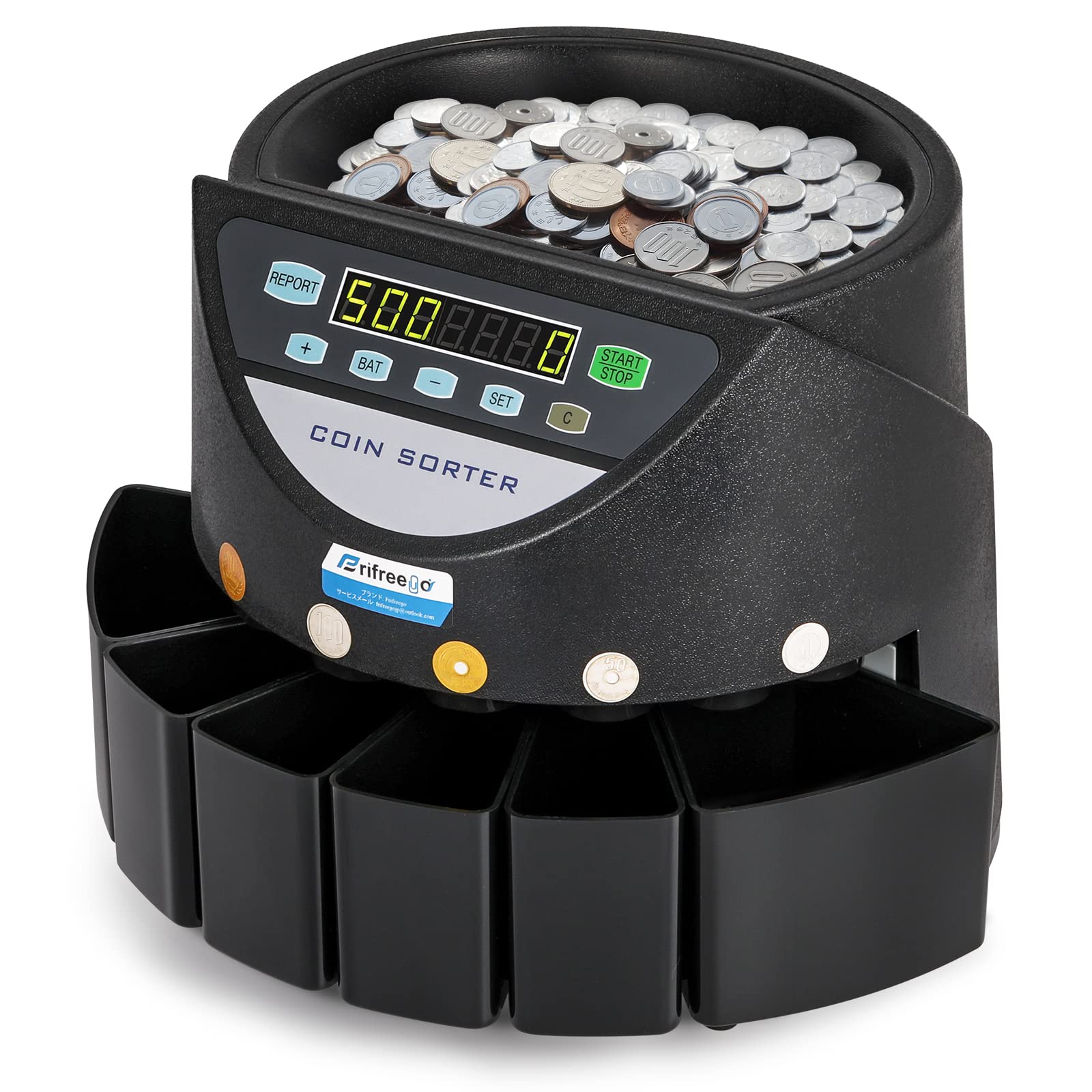Frifreego コインカウンター 自動硬貨計数機 コイン計数機 最大500枚入れ 200枚/分 故障診断機能 経理 ..