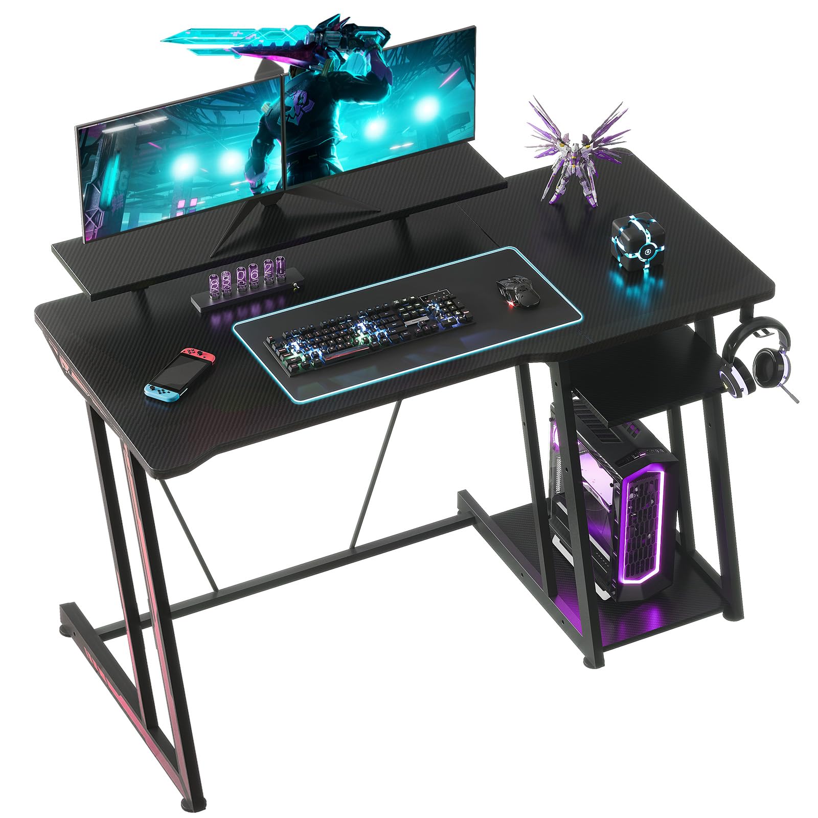 YeTom ゲーミングデスク ゲーミング テーブル ゲームデスク 幅120cm gaming desk 収納ラック2段付き 台下区分収納対応 机 pcデスク ゲーミング pc テーブル パソコンデスク 黒い