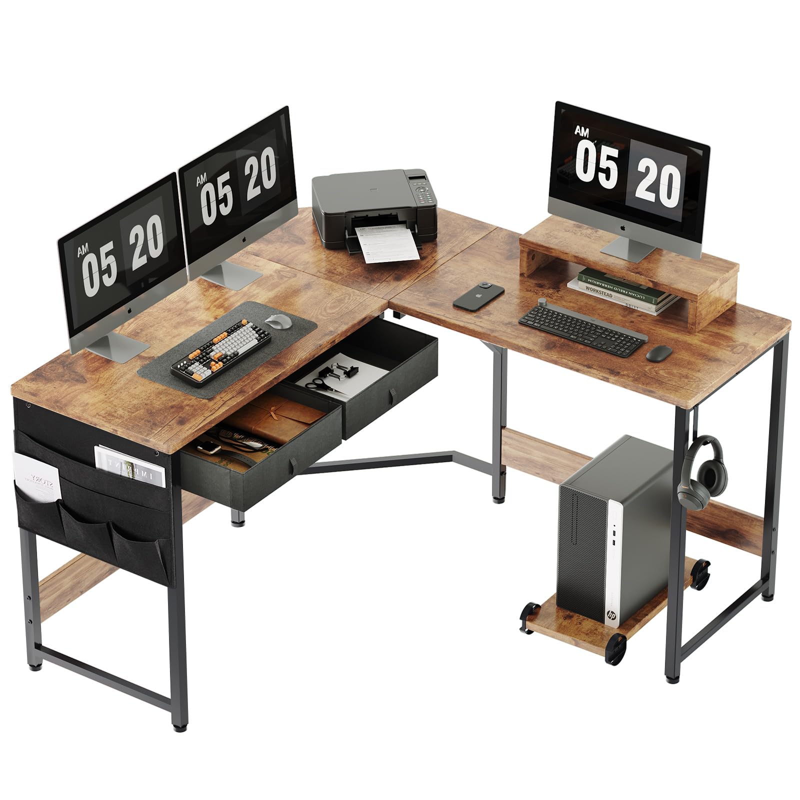 YeTom デスク 机 l字デスク机 pcデスク 作業机 125cm x 125cm オフィスデスク ゲーミングデスク パソコンデスク 収納袋付き勉強机 computer desk コーナーデスク 引き出し付きデスク ビンテージ