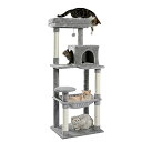 PETEPELA(ぺテぺラ) キャットタワー 猫タワー スリム 据え置き 省スペース 登りやすい ハンモック 見晴台 ねこハウス ボンボン 天然麻紐 爪とぎ 運動不足解消 多頭飼い グレー 高さ143cm