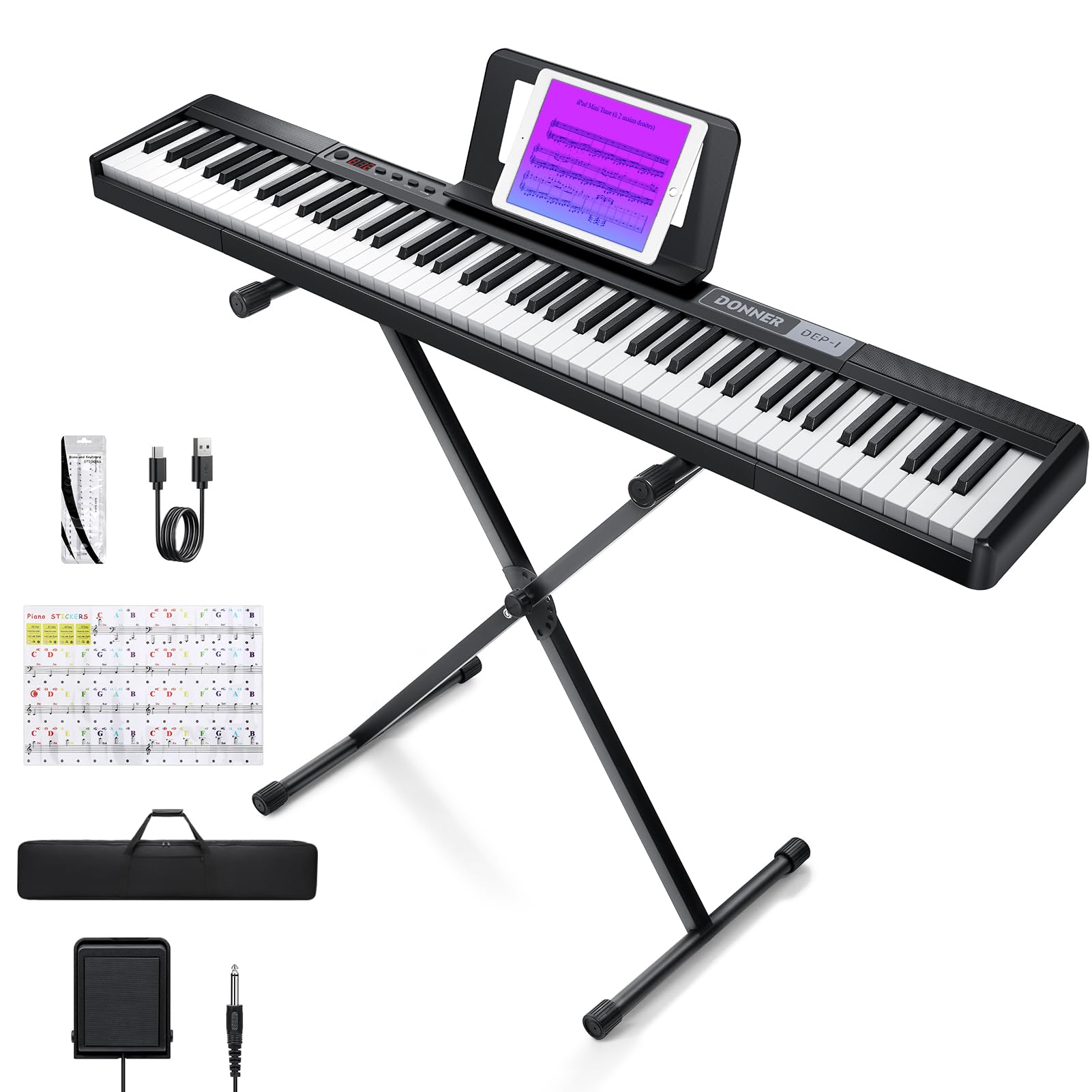 Donner 電子ピアノ 88鍵盤 スタンドセット MIDI対応 充電型 10時間連続利用 コンパクト 軽量 初心者 持ち運びケース ペダル 譜面台 鍵盤シール 日本語説明書付き DEP-1 ブラック