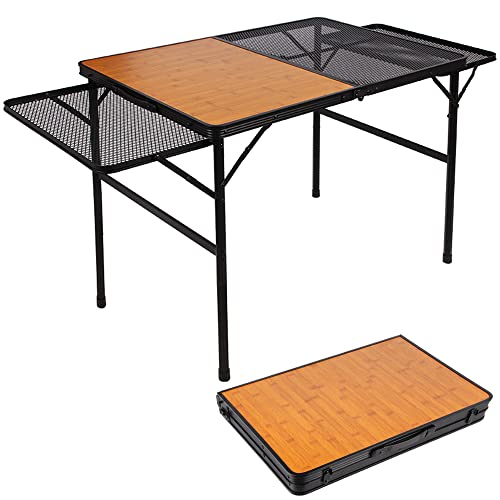 UPF キャンプ テーブル メッシュ サイドテーブル付き 2-4人用 アウトドア テーブル 木製 軽量 高さ2段..