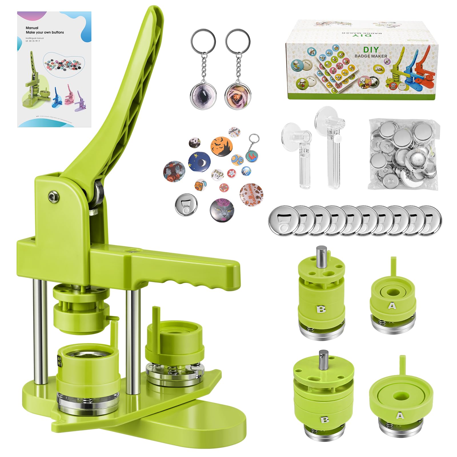 缶バッジメーカー 【2025革新の磁気吸着回転式】 缶バッジマシーン 32mm 58mmベース 2サイズ ベース交換便利 マグネット吸着 回転式 組立不要 バッジ素材付き ボトルオープナー キーホルダー付き DIYバッジマシン 缶バッジ 缶バッヂ製造機 小(3)