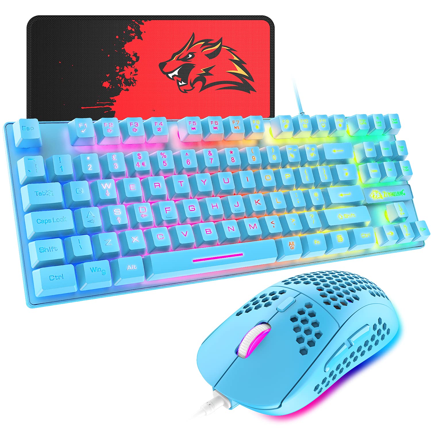 ゲーミングキーボード マウス 88キー 軽量 LEDバックライト USB接続 エルゴノミック 防水 完全なアンチゴーストボタン キーキャップ取り外し可能、ゲーマーやタイピストに最適、6400DPIゲーミングマウス マウスパット付き日本語取扱説明書付き PC