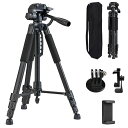 Glvaner 三脚 スマホ スマホホルダー 3WAY雲台 収納袋付き スマホ三脚 150cm 撮影 三脚スタンド アルミ製 ビデオカメラ 一眼レフ キャリングハンドル 4段階伸縮 360回転 ハンドル付き 軽量 お花見 男女兼用 全3色 (ブラック)