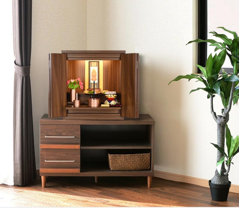 都市工房 仏壇 家具調 扉/LEDライト/引き出し/保証付 (ウォールナット色, 16号)