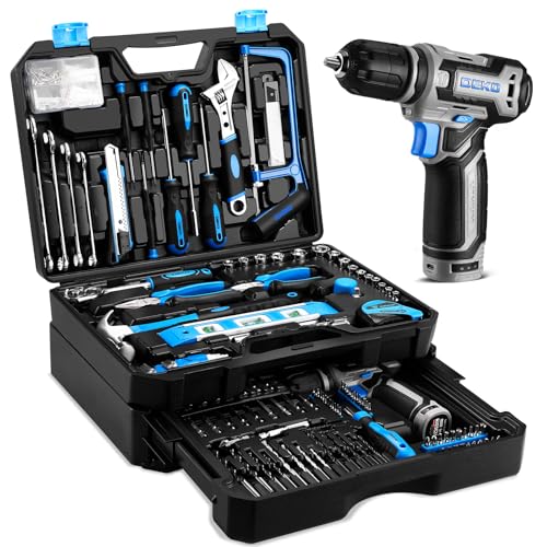 ツールセット:12Vコードレスドリル付きツールキット、収納ケース付きハンドツールボックス、ホーム修理用メカニックツールセット、ブルー