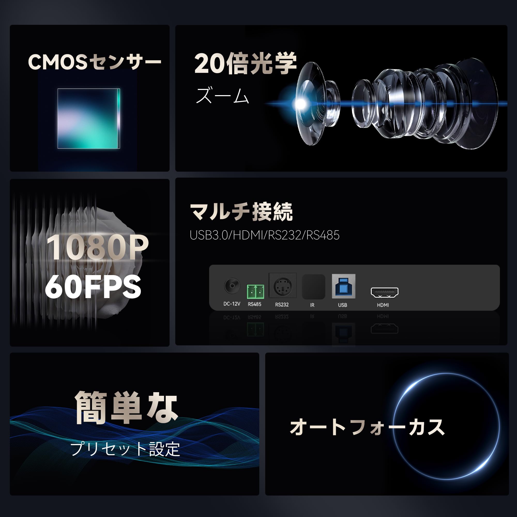 Tenveo PTZカメラweb会議ビデオウェブカメラ20倍光学ズーム1080P 60FPS広角 ptz WebカメラUSB3.0/HDMI/RS232出力少人数会議ライブ配信病院教育業務用