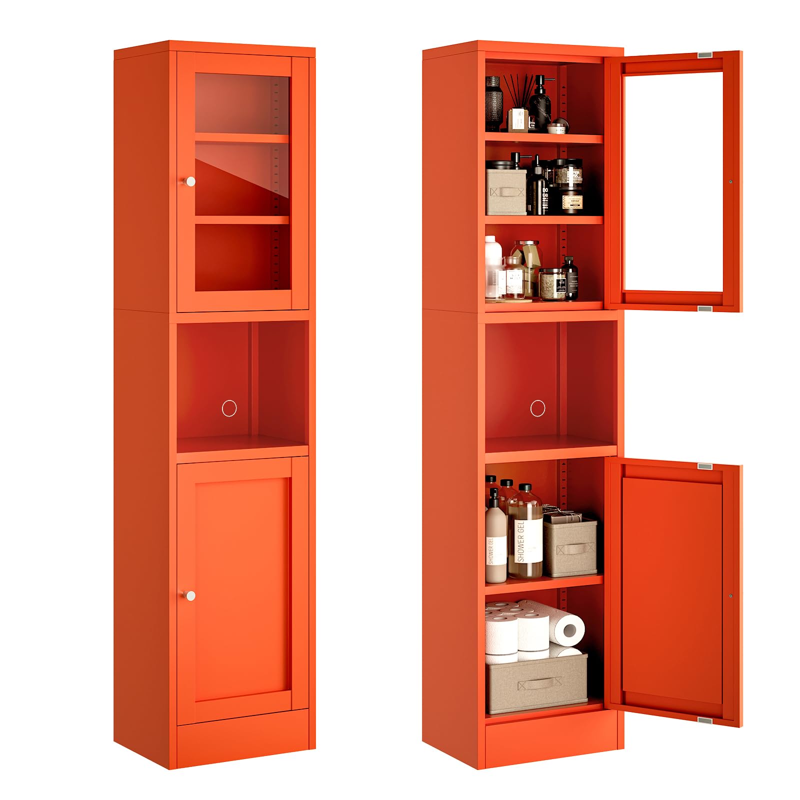 Boegica 食器棚 キッチン収納 金属製 キッチンボード 幅40×奥行30×高さ170cm カップボード レンジ台 ガラス扉付き 扉が左右付け替えられる/棚板高さ調節 (1700片開きドア, オレンジ色)