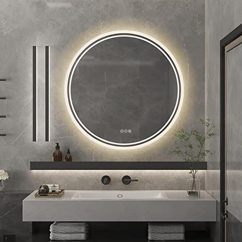 Susire 洗面台鏡 ledライト付き 丸型 曇り止め 洗面鏡 壁掛け 女優ミラー 洗面所 浴室化粧鏡 おしゃれ ..