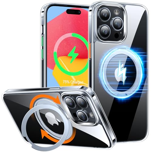 【透明永続の魅力、色褪せぬ美しさ】TORRAS iPhone 15 Pro 用 ケース「多機能360度回転スタンド」縦横両対応 Halbachマグネット搭載 MagSafe対応 米軍MIL規格耐衝撃 リング 指紋防止 6.1インチ「UPRO Ostand