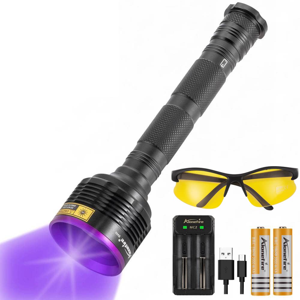 Alonefire SV44 20W 紫外線 ブラックライト 強力 UV LED ライト 波長365nm USB充電式 アニサキスライト ウッド灯検査 ペット尿検出器 スコーピオン 鑑定 真贋 レジン用 硬化、猫真菌、釣り、鉱物 用 2個リチウム電池 UV