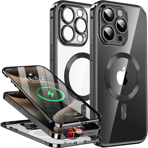 【押さえロック式&本体の色・CDループ】iPhone15 Pro 用 ケース 「両面ケース＋マグセーフ対応」「一体型レンズ保護カバー」 ストラップホール付き スマホケース iphone15 Pro 用 カバー 全身バンパー保護ケース 9H 強化ガラス 衝撃