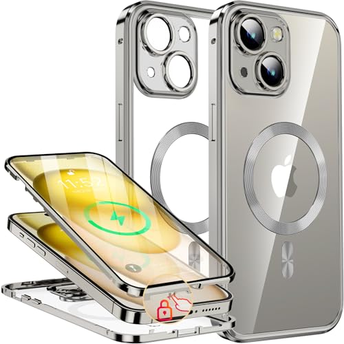 【押さえロック式&本体の色・CDループ】iPhone15 Plus用 ケース 「両面ケース＋マグセーフ対応」「一体型レンズ保護カバー」 ストラップホール付き スマホケース iphone15 Plus用 カバー 全身バンパー保護ケース 9H 強化ガラス 衝撃