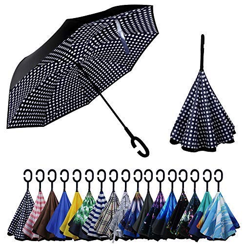 YOKITOMO 長傘 レディース 逆さ傘 丈夫 撥水 内外2枚の布の構成で耐風 熱中症対策 遮光 遮熱効果 閉じると自立可能 晴雨兼用傘 車用(ネイビードット)